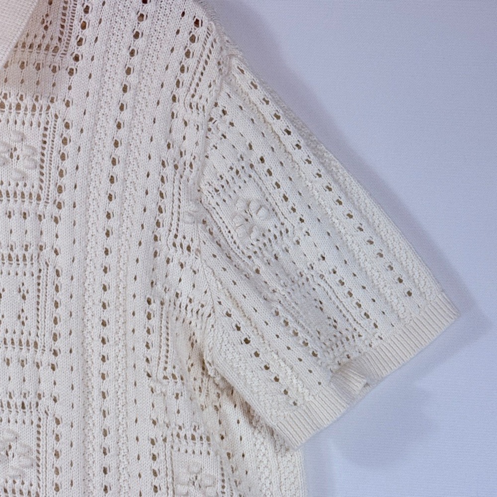 Old Navy Crochet Polo Sweater Women XL Cream Grandpacore Coastal Bowling Cottage - Picture 7 of 9